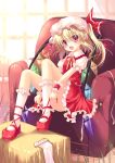  blonde_hair bobby_socks flandre_scarlet hat mary_janes neck_ribbon red_eyes ribbon shoes short_hair side_ponytail sitting socks solo sousouman the_embodiment_of_scarlet_devil touhou wings wrist_cuffs 