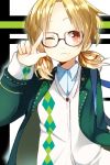  :3 alternate_costume alternate_hairstyle argyle ayase08 bespectacled blonde_hair bust contemporary glasses hair_ornament highres moriya_suwako pun2 red_eyes short_hair solo touhou twintails wink 
