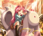  bow brown_eyes casual hair_bow kyubey kyuubee long_hair mahou_shoujo_madoka_magica makisige red_hair redhead sakura_kyouko sitting 