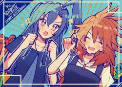  +++ +_+ 2girls :d :o amou_kanade artist_request blue_hair blue_shirt border character_name charm_(object) closed_eyes commentary_request curtained_hair dated double-parted_bangs english_text excited happy_birthday high_side_ponytail highres holding holding_charm jewelry kazanari_tsubasa multiple_girls necklace notice_lines open_mouth orange_hair pendant senki_zesshou_symphogear shirt short_sleeves side_ponytail smile tsurime upper_body v-shaped_eyebrows violet_eyes white_shirt 