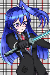  1girl absurdres black_gloves black_suit blue_hair blunt_ends business_suit closed_mouth collared_shirt commentary_request curtained_hair double-parted_bangs floating_hair formal_clothes gloves hair_between_eyes high_side_ponytail highres holding holding_sword holding_weapon kazanari_tsubasa long_hair long_sleeves looking_at_viewer master_alisa necktie plaid_background red_necktie senki_zesshou_symphogear shirt side_ponytail simple_background smile solo suit sword upper_body v-shaped_eyebrows violet_eyes weapon 