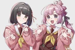  2girls :d ahoge anyoji_hime black_hair black_ribbon bloom_garden_party_jacket blunt_bangs blunt_ends blunt_sidelocks blush bob_cut closed_mouth commentary grey_background hair_intakes hair_ribbon highres hood hood_down hooded_jacket jacket l_hand long_hair long_sleeves looking_at_viewer love_live! love_live!_hasu_no_sora_jogakuin_school_idol_club love_live!_hasu_no_sora_jogakuin_school_idol_club_bloom_garden_party momose_ginko multi-tied_hair multiple_girls open_clothes open_hands open_jacket open_mouth partially_unzipped pink_jacket ponytail ribbon ruoguiling short_hair sidelocks simple_background smile upper_body v-shaped_eyebrows virtual_youtuber 