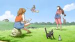  4girls animal apron bare_shoulders bird black_cat_(animal) broom broom_riding brown_hair cat character_request child cloud clouds company_connection crossed_legs crossover drawing female field flying ghibli grass hakama highres house japanese_clothes jiji_(character) jiji_(majo_no_takkyuubin) kiki legs_crossed lin_(spirited_away) long_hair majo_no_takkyuubin mouse multiple_girls ogino_chihiro pencil ponytail red_shirt sandals sen_to_chihiro_no_kamikakushi shorts sitting sketchbook sky statue studio_ghibli tnt tnt_(aaaazzzz) ursula_(majo_no_takkyuubin) 