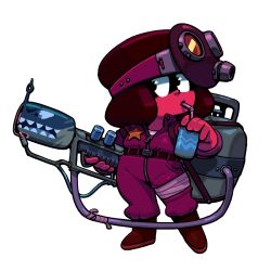  1girl afro alternate_costume colored_skin discount-supervillain flamethrower full_body gem_(steven_universe) holding holding_flamethrower holding_weapon red_skin ruby_(steven_universe) simple_background steven_universe tomboy toon_(style) weapon 