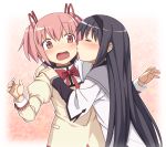  akemi_homura bad_id black_hair blush cheek_kiss closed_eyes ettamu eyes_closed hairband hand_on_shoulder hands hug kaname_madoka kiss long_hair magical_girl mahou_shoujo_madoka_magica multiple_girls open_mouth pink_eyes pink_hair school_uniform short_hair surprised surprised_arms twintails yuri 