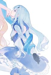  2girls absurdres arms_behind_back aurora_(fate) blonde_hair bound bound_arms breasts chinese_commentary clothing_cutout commentary_request dress fate/grand_order fate_(series) gloves grey_hair hair_ornament hairclip hand_on_another's_chin highres long_hair long_sleeves melusine_(fate) multiple_girls profile qiminghaonan99820 restrained shoes sidelocks simple_background sitting small_breasts white_background yellow_eyes 