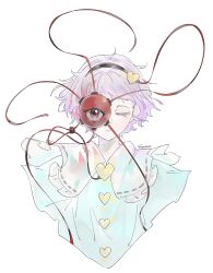  1girl blue_shirt buttons character_name closed_eyes closed_mouth commentary_request disembodied_linked_eye expressionless hairband heart_button highres komeiji_satori looking_at_viewer o_(crazyoton46) pink_hair red_eyes shirt short_hair solo staring touhou upper_body white_background 