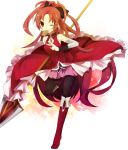  bad_id bare_shoulders black_legwear black_thighhighs boots detached_sleeves food grin hair_ribbon highres mahou_shoujo_madoka_magica mouth_hold polearm ponytail red_eyes red_hair redhead ribbon sakura_kyouko simple_background smile solo spear standing_on_one_leg taiyaki thigh-highs thighhighs v wagashi weapon wink yuyupo 