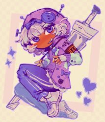  1girl alternate_skin_color armband blush_stickers bow darkened_skin full_body hair_bow highres jacket kira_(project_moon) limbus_company open_mouth pants pkeiiq project_moon purple_bow purple_jacket purple_pants sharp_teeth shoes short_hair single_blush_sticker smile sneakers solo sword sword_on_back teeth track_pants weapon weapon_on_back white_hair white_shoes 
