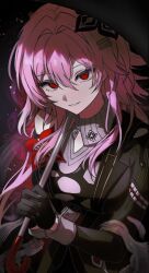  1girl black_dress black_flower black_gloves black_umbrella dress evernight_(honkai:_star_rail) flower gloves hair_between_eyes hair_ornament highres holding holding_umbrella honkai:_star_rail honkai_(series) long_hair long_sleeves looking_at_viewer march_7th_(honkai:_star_rail) mising_0033 pink_hair red_eyes smile solo umbrella 