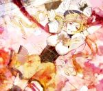  bad_id beret blonde_hair breasts corset drill_hair fingerless_gloves gloves hat large_breasts magical_girl mahou_shoujo_madoka_magica noji_(skr04) puffy_sleeves solo tears thighhighs tomoe_mami vertical-striped_legwear vertical-striped_thighhighs vertical_stripes yellow_eyes 