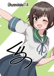  1girl arm_up black_hair blue_neckerchief blue_skirt breasts commentary_request fubuki_(kancolle) green_sailor_collar grey_eyes highres kantai_collection kurano_kisuke looking_at_viewer low_ponytail medium_breasts neckerchief one-hour_drawing_challenge one_eye_closed pleated_skirt ponytail sailor_collar skirt smile solo twitter_username two-tone_background 