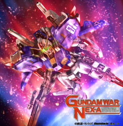  artist_request atmospheric_reentry bandai beam_cannon beam_rifle burning copyright_notice damaged debris earth_(planet) earth_federation energy_gun glowing_hot gundam gundam_sentinel in_orbit mecha mecha_focus mixed-language_text mobile_suit nebula no_humans official_art planet promotional_art robot s_gundam science_fiction space star_(sky) v-fin weapon zero_gravity 