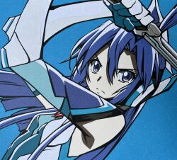  1girl armpit_crease bare_shoulders blue_background blue_eyes blunt_ends closed_mouth cmdsfzgx0303 commentary_request curtained_hair double-parted_bangs elbow_gloves floating_hair gloves hair_between_eyes highres holding holding_sword holding_weapon kazanari_tsubasa light_frown long_hair long_sidelocks looking_at_viewer senki_zesshou_symphogear sidelocks simple_background solo sword symphogear_pendant upper_body v-shaped_eyebrows weapon white_gloves 