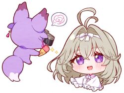  1girl :d antenna_hair blush camera chibi chibi_only collared_shirt commentary cropped_torso crossed_bangs food grey_hair hair_between_eyes hair_intakes hanamaru holding holding_camera holding_food holding_ice_cream ice_cream long_hair mashu-tan meitantei_precure! moria_luluka open_mouth oyasumirakko precure shirt simple_background smile sparkle speech_bubble thick_eyebrows violet_eyes white_background white_shirt 