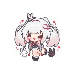  >_o 1girl :d ;d black_hat black_shoes blunt_bangs blush braid chibi chibi_only commentary decrilus full_body grey_hair grey_kimono hair_intakes hat highres honkai:_star_rail honkai_(series) japanese_clothes kimono long_hair long_sleeves mini_hat mini_top_hat multicolored_hair one_eye_closed open_mouth pink_eyes pink_hair red_streaks shoes simple_background smile socks solo sparkle_(honkai:_star_rail) sparxie_(honkai:_star_rail) standing standing_on_one_leg streaked_hair symbol-shaped_pupils top_hat twintails white_background white_socks wide_sleeves x-shaped_pupils 