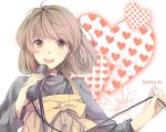  brown_eyes brown_hair bust copyright_request flower heart microphone microphone_stand s-kura short_hair singing smile solo 