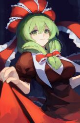  1girl black_background blurry bow breasts collar commentary_request cowboy_shot depth_of_field dress frilled_bow frilled_ribbon frills front_ponytail green_eyes green_hair hair_bow hair_ribbon highres hirachill16 holding_own_dress kagiyama_hina large_breasts lips long_hair puffy_short_sleeves puffy_sleeves red_bow red_dress red_ribbon ribbon short_sleeves smile solo touhou white_collar 