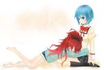  barefoot blue_eyes blue_hair casual closed_eyes denim denim_shorts hand_on_head hug long_hair lying mahou_shoujo_madoka_magica miki_meteor miki_sayaka multiple_girls on_stomach ponytail red_hair redhead sakura_kyouko school_uniform short_hair shorts sitting smile wariza 