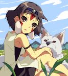  brown_hair cloud clouds earrings enoo ghibli grass hairband jewelry lowres mononoke_hime mountain oekaki red_eyes san short_hair sitting sky studio_ghibli tattoo wolf 