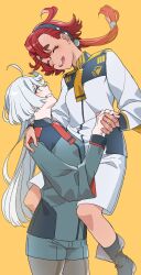  2girls ^_^ ahoge asticassia_school_uniform black_hairband brown_pantyhose closed_eyes commentary_request cowboy_shot flipped_bangs from_side front-seamed_legwear green_jacket green_shorts grey_eyes gundam gundam_suisei_no_majo hairband hand_on_another's_shoulder high_collar highres holding_hands hug_carry jacket jellyfish_cut low_ponytail miorine_rembran multiple_girls noko_morokoshi open_mouth pantyhose ponytail profile red_hair school_uniform seamed_legwear short_shorts shorts shoulder_boards simple_background suletta_mercury thick_eyebrows white_hair white_jacket white_shorts yellow_background 