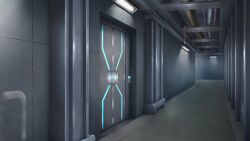  cable ceiling ceiling_light door film_grain game_asset glowing hallway indoors industrial_pipe kouyoku_senki_exs-tia neon_trim no_humans non-web_source official_art scenery science_fiction self-datamine tile_floor tiles tube wire 
