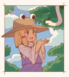  1girl blonde_hair blue_sky blush border brown_eyes brown_hat clouds commentary_request cupping_hands foliage hair_ribbon hakugomaabura_(kourin1219) hands_up hat highres long_sleeves medium_hair mixed-language_commentary moriya_suwako open_mouth outdoors own_hands_together purple_skirt purple_vest red_eyes red_ribbon ribbon shirt sidelocks skirt sky smile snake solo touhou tree vest white_border white_shirt white_snake 