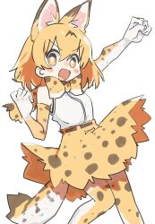  1girl :d animal_ear_fluff animal_ears animal_print arm_up bare_shoulders blonde_hair bow bowtie bright_pupils clenched_hand commentary_request elbow_gloves extra_ears fang feet_out_of_frame gloves hand_up high-waist_skirt highres kemono_friends looking_at_viewer medium_hair naka_(buttergirl_02) open_mouth outstretched_arm print_bow print_bowtie print_gloves print_skirt serval_(kemono_friends) shirt simple_background skirt sleeveless sleeveless_shirt smile solo standing striped_tail tail thigh-highs two-tone_bow two-tone_bowtie v-shaped_eyebrows white_background white_pupils 