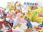 1girl animal_ears bandaid blonde_hair breasts clothesline eating fang fox_ears fox_tail hat kirusu large_breasts looking_at_viewer multiple_tails off_shoulder open_mouth pillow sausage short_hair solo tail touhou yakumo_ran yellow_eyes 