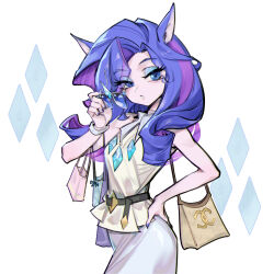  1girl :o animal_ears animification bag bare_arms bare_shoulders belt blue_eyes breasts brown_belt hand_on_own_hip highres holding holding_removed_eyewear horse_ears horse_girl long_hair looking_at_viewer my_little_pony my_little_pony:_friendship_is_magic nail_polish pale_skin phantom_cross purple_hair rarity_(equestria_girls) rarity_(my_little_pony) shoulder_bag skirt sunglasses unworn_eyewear white_background white_skirt 