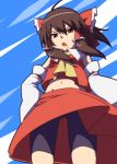  bike_shorts bow brown_eyes brown_hair detached_sleeves from_below frown hair_bow hakurei_reimu japanese_clothes leon_7 looking_at_viewer looking_down miko navel skirt sky solo touhou 