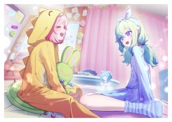  3girls absurdres ahoge blue_socks border commentary dinosaur_costume from_side hatsune_miku highres kneeling kusanagi_nene long_hair looking_at_viewer magnet mishio_(misio_40) multiple_girls ootori_emu open_mouth pillow pink_hair project_sekai purple_socks revision sitting sleepover socks string_of_flags striped_clothes striped_socks stuffed_animal stuffed_rabbit stuffed_toy two-tone_socks violet_eyes vocaloid white_border wonderlands_x_showtime_miku 