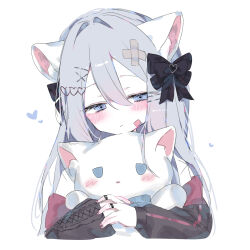  1girl bandaid bandaid_on_head black_bow blue_eyes blush bow closed_mouth commentary_request cropped_torso double-parted_bangs grey_hair hair_between_eyes hair_bow hair_intakes hair_ornament hairclip heart heart-shaped_pupils highres jewelry long_hair long_sleeves nenasai_(nectar_x_x) project_sekai ring shirt simple_background solo symbol-shaped_pupils white_background white_shirt x_hair_ornament yoisaki_kanade 