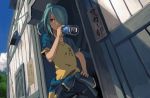  bottle drawr drinking dutch_angle hair_over_one_eye inazuma_eleven inazuma_eleven_(series) kazemaru_ichirouta long_hair ponytail raimon rounin_(amuza) scenery soccer_uniform water_bottle 