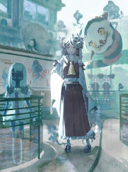  1girl absurdres amulet amusement_park ascot bell black_shoes bow brown_eyes brown_hair building character_name chinese_commentary closed_mouth commentary detached_sleeves english_text fox_mask frilled_bow frilled_hair_tubes frilled_shirt_collar frilled_skirt frills gohei hair_bow hair_tubes hakurei_reimu hand_on_own_hip highres holding holding_gohei jingle_bell long_hair long_skirt mannequin mask object_request outdoors red_bow red_skirt red_vest ribbon-trimmed_sleeves ribbon_trim rinu_chyo sharp_teeth shirt shoes skirt sleeveless sleeveless_shirt socks standing teeth touhou vest white_shirt white_sleeves white_socks yellow_ascot 