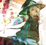  adapted_costume album_cover alternate_costume armband blonde_hair blue_eyes contemporary cover hat headphones highres jacket kirisame_marisa light_smile orange_eyes organ_derwald outstretched_arm perfect_cherry_blossom resizing_artifacts scarf smile solo stain touhou witch witch_hat yellow_eyes 