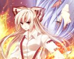  bust face fire fujiwara_no_mokou kamishirasawa_keine light_smile multiple_girls mutsuki serious torn_clothes touhou upside-down 