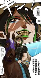  1boy absurdres black_pants black_shirt blue_sky bracelet bridle brown_cape brown_hat brown_horse cape commentary_request cosplay eyelashes gold_teeth green_lips grin gyro_zeppeli gyro_zeppeli_(cosplay) hanabatake_chaika hat highres holding holding_reins horse horseback_riding iknsk jewelry jojo_no_kimyou_na_bouken lipstick looking_at_viewer makeup male_focus multicolored_eyeshadow multiple_views nijisanji orange_eyes pants parody pointy_ears reins riding shirt short_sleeves sky smile sound_effects speech_bubble steel_ball_(jojo) steel_ball_run translation_request twitter_username virtual_youtuber wide_brim 