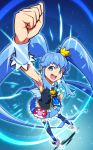  1girl :d arm_up armpits black_legwear blue_background blue_eyes blue_hair blue_skirt brooch clenched_hand crown cure_princess earrings happinesscharge_precure! highres jewelry long_hair magical_girl mini_crown necktie open_mouth payot precure shirayuki_hime shoes skirt smile solo standing thigh-highs twintails uganda wrist_cuffs 