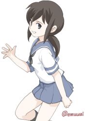  1girl black_hair black_neckerchief blue_sailor_collar blue_skirt commentary_request emuwai feet_out_of_frame fubuki_(kancolle) kantai_collection long_hair neckerchief one-hour_drawing_challenge pleated_skirt sailor_collar school_uniform serafuku simple_background skirt solo twitter_username waving white_background 