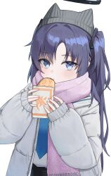  1girl a.l_(dpdldpf) animal_hat beanie black_halo black_skirt blue_archive blue_necktie cat_hat commentary_request down_jacket eating food gehenna_academy_logo grey_hat hair_ornament halo hat highres holding holding_food jacket korean_commentary long_hair long_sleeves looking_at_viewer mechanical_halo necktie open_clothes open_jacket pink_nails pink_scarf purple_hair scarf shirt shirt_tucked_in simple_background skirt sleeves_past_wrists solo taiyaki two_side_up upper_body violet_eyes wagashi white_background white_jacket white_shirt yuuka_(blue_archive) zipper 