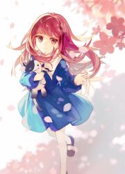 1girl alice_(deemo) brown_eyes brown_hair cherry_blossoms commentary_request deemo dress falling_petals flower full_body highres holding holding_toy long_hair looking_at_viewer pantyhose petals ryuh_(asahina_neru) simple_background smile solo standing stuffed_toy toy 