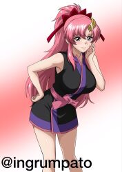  1girl black_kimono blue_eyes blush breasts commentary_request gundam gundam_seed gundam_seed_destiny hair_ornament highres japanese_clothes kimono kyomeihibiki lacus_clyne large_breasts long_hair looking_at_viewer pink_hair ponytail sash sleeveless sleeveless_kimono smile solo very_long_hair 