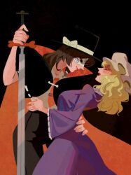  2girls absurdres adapted_costume asymmetrical_sidelocks black_background black_cape black_hat black_pants blonde_hair blush bow brown_eyes brown_hair cape chinese_commentary closed_eyes collared_dress collared_shirt commentary_request cowboy_shot dress eye_mask grmarsa hand_on_another's_hip hat hat_bow highres holding holding_sword holding_weapon lips long_hair long_sleeves maribel_hearn mask mob_cap multiple_girls open_mouth pants purple_dress red_cape ribbon-trimmed_cape shirt shirt_tucked_in short_sleeves sidelocks smile sword tie_clip touhou two-sided_cape two-sided_fabric usami_renko weapon white_bow white_hat white_mask white_shirt yuri 