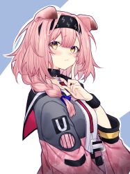  1girl absurdres animal_ears arknights belt black_collar black_hairband blue_background blue_bow blue_coat blush bow braid breast_strap cat_ears cat_girl closed_mouth coat collar collarbone commentary_request english_commentary finger_to_cheek from_side goldenglow_(arknights) hair_between_eyes hair_bow hairband hand_on_own_chest highres lanyard long_hair long_sleeves looking_at_viewer mixed-language_commentary pink_belt pink_coat pink_hair pleated_skirt pout side_braid skirt solo tearing_up two-sided_coat two-sided_fabric two-tone_background upper_body white_background yellow_eyes yononaka 