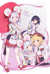  2girls absurdres alternate_costume animal_ears apron beret black_hair blonde_hair blue_kimono brown_eyes brown_skirt claw_pose closed_mouth commentary_request dog_ears fake_animal_ears fang flat_chest flying_sweatdrops frilled_hairband frills gloom_(expression) granblue_fantasy grey_hair hairband halftone hat highres holding holding_umbrella jacket japanese_clothes kimono long_sleeves mouse_ears multiple_girls multiple_views oil-paper_umbrella open_mouth pigking_luneth red_eyes red_hat red_shoes red_skirt sailor_collar sash shirt shoes short_kimono sidelocks skin_fang skirt smile strappy_heels umbrella vajra_(granblue_fantasy) vikala_(granblue_fantasy) waving white_shirt 