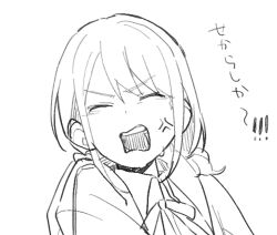  1girl anger_vein closed_eyes commentary_request girls_band_cry greyscale iseri_nina monochrome nanami_(nunnun_0410) open_mouth short_hair simple_background sketch solo upper_body white_background 