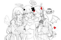  3girls bow clone_harem commentary_request cross_ornament dxqkkkk eyepatch girl_sandwich gloves hair_bow hat highres long_hair magical_girl mahou_shoujo_ikusei_keikaku mahou_shoujo_ikusei_keikaku_restart monochrome multiple_girls nurse_cap pfle sandwiched shadowgale short_hair 