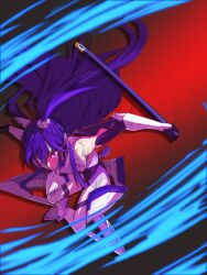  1girl artist_request bare_shoulders blue_hair clenched_teeth commentary_request eye_trail floating_hair gradient_background high_side_ponytail highres holding holding_sheath kazanari_tsubasa light_trail long_hair looking_at_viewer motion_lines red_background senki_zesshou_symphogear sheath side_ponytail simple_background solo teeth tsurime v-shaped_eyebrows violet_eyes 