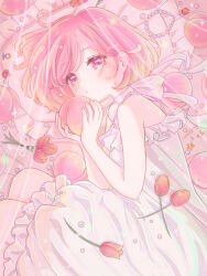  1girl artist_name bare_arms bare_shoulders bed_sheet blue_gem blush closed_mouth commentary curled_up dot_nose english_commentary flower food frilled_nightgown frills from_above fruit fuka_(f_uka_1021) gem gradient_hair hands_up head_on_pillow highres holding holding_food holding_fruit jewelry looking_at_viewer lying multicolored_hair necklace nightgown on_bed on_side orange_hair original peach pearl_(gemstone) pearl_necklace pillow pink_hair puckered_lips red_eyes red_flower red_gem red_tulip ribbon ring short_hair sideways_glance signature solo sparkle star_(symbol) swept_bangs tulip unworn_jewelry white_nightgown white_ribbon 